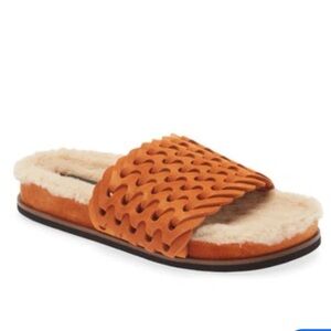 Rag & Bone Bailey Sunset Orange Suede Faux-Shearling Lined Slide Sandal Size 38